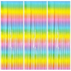 3 Pack Backdrop Pastel Rainbow Foil Fringe Backdrop Curtains Dance Party Deco…