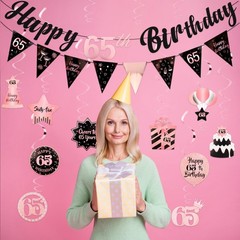 65th Birthday Decorations for Women Rose Gold Banner & Hanging Swirls