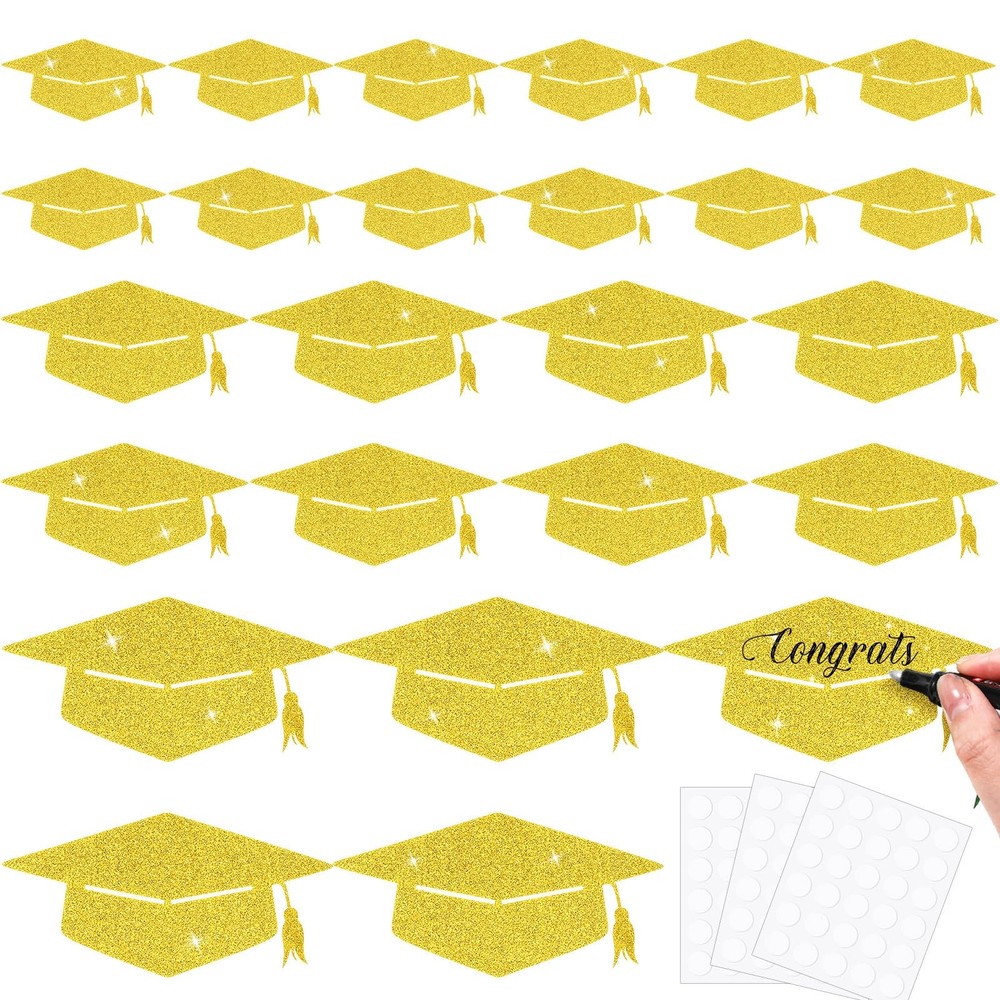120 PCS Gold Glitter Grad Caps Cutouts Glue Points Class Of 2025 Tags