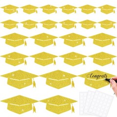 120 PCS Gold Glitter Grad Caps Cutouts Glue Points Class Of 2025 Tags