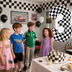 40 Inch Checkered 3 Balloons, Black and White Foil Number 3 Balloons for Race…
