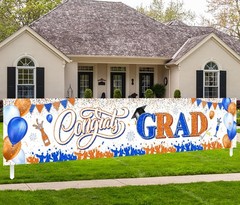Congrats Grad Banner Decoration-Class 118 inches x 24 inches, Orange and Blue