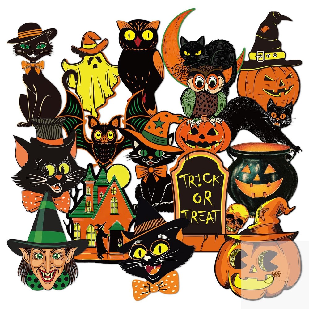 48 Pcs Vintage Halloween Cutouts Retro Pumpkin Witch Cat Cut-Outs Black Orange