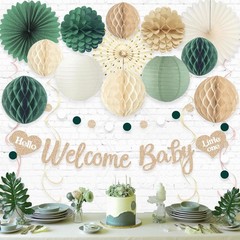 Sage Green Baby Shower Decorations Boy, Pre-Strung Welcome Baby Sign with Hon…