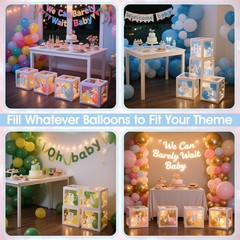 Baby Shower Letter Boxes with LED Lights – 4 Clear Balloon Decor Blocks for Gend