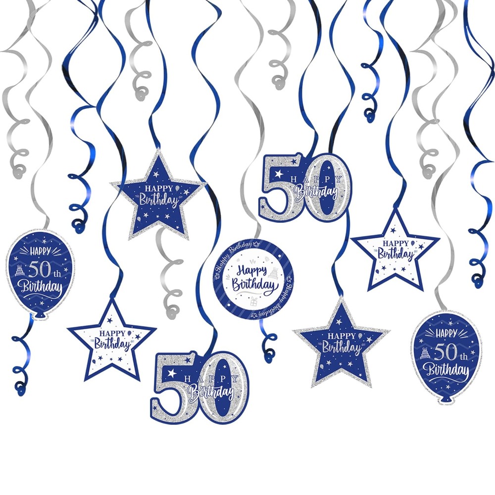 Happy 50th Birthday Blue Silver Glitter Swirls Streamers Party Decorations 15pc