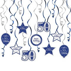 Happy 50th Birthday Blue Silver Glitter Swirls Streamers Party Decorations 15pc