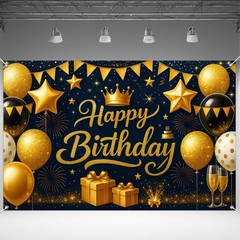 Birthday Decoration Banner 71×43 Inch Black and Gold Happy Birthday Backdrop …
