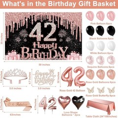 42nd Birthday Decoration Set with Banner, Tiara, Sash, Cake Topper & Balloons