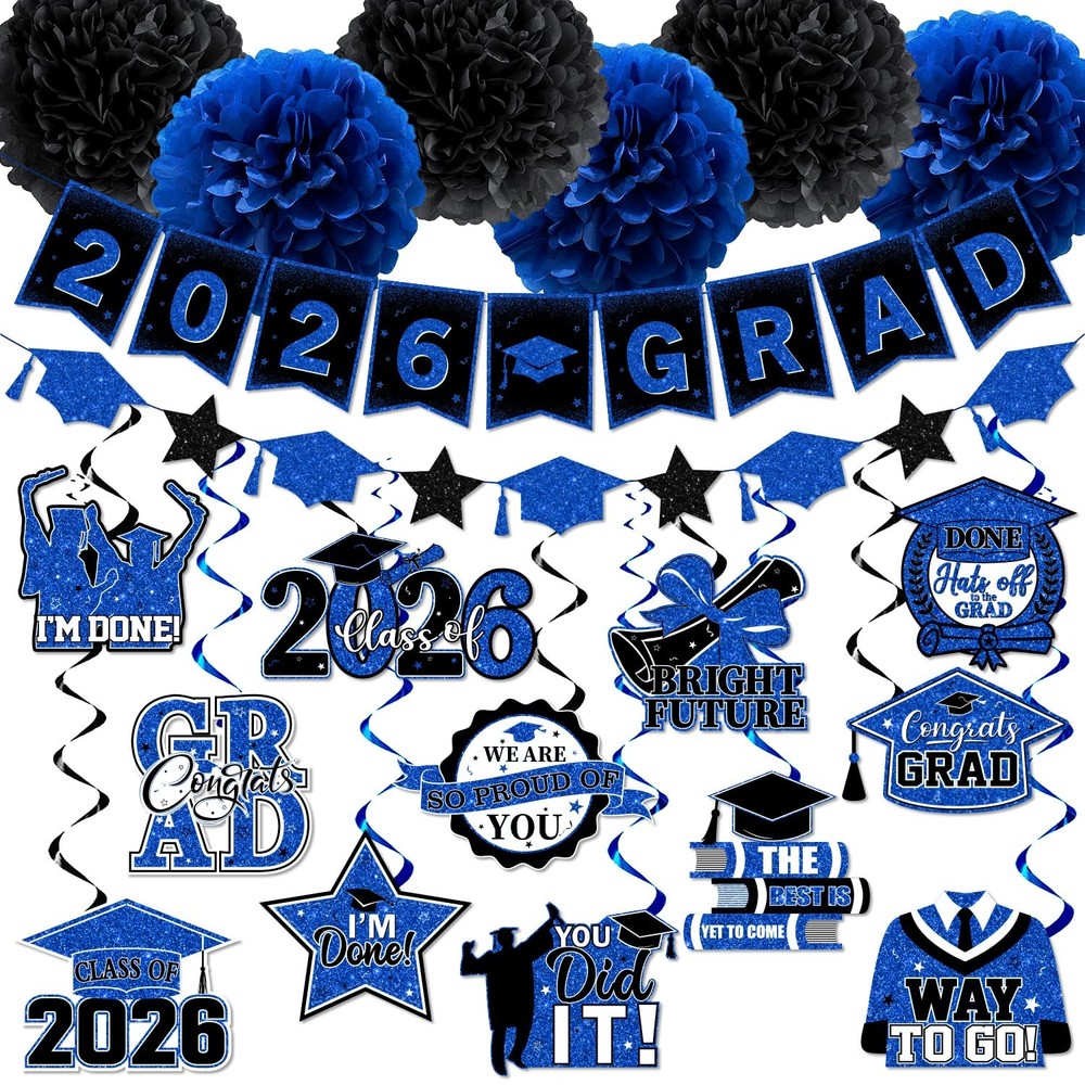 Blue Graduation Decorations, 2026 Grad Banner and Congrats Blue&black