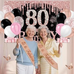 49-Piece Rose Gold & Black 80th Birthday Decorations Set for Elegant Parties