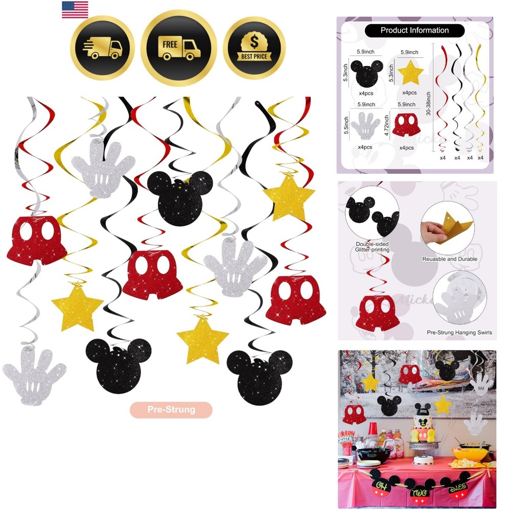 16 Pcs Mouse Hanging Swirl Decorations, Pre-Strung Mouse Birthday Party Decor…