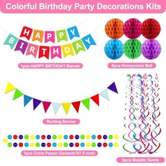 Happy Birthday Party Decoration Set Colorful Banner Honeycomb Balls Swirls