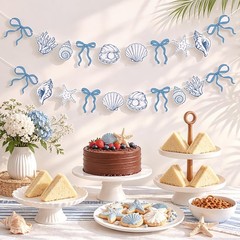 2 Pack Blue Bow Starfish and Shell Banner 6.56 ft Beach Party Paper Hanging D…