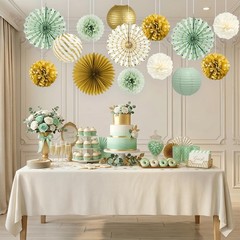 Sage Green Party Decorations, 14 Pcs Green and Gold Hanging Fans, Lanterns, P…