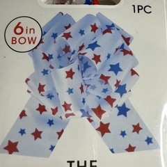 4th July USA Party Decor Fabric Pull Bow 6” WHITE w/ RED & BLUE STARS LOT of 4