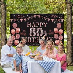 80th Birthday Backdrop Banner Rose Gold 5.9×3.6ft Party Photography Women