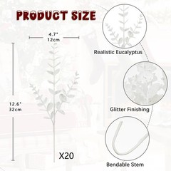 Hollyone 20 Pcs Glitter Artificial Eucalyptus 20pcs-Eucalyptus, White