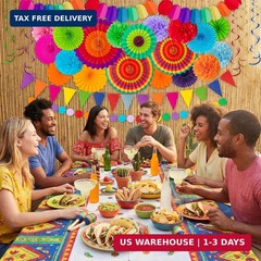35PCS Fiesta Paper Fan Party Decorations Set – Cinco De Mayo Pom Poms,Pre-assemb