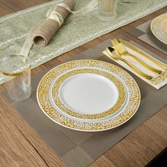 FOCUSLINE 175 Ct Gold Dinnerware Set for 25 Guests, Plastic Plates with Gold …