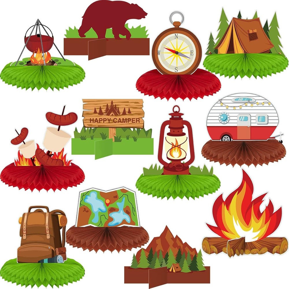 12 Pieces Camping Honeycomb Centerpieces Camping Decorations Party Supplies