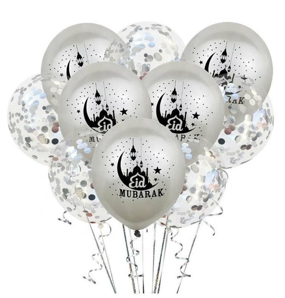 Modefa Islamic Holiday Decor | Eid Mubarak Balloons | 10 Pack – Silver