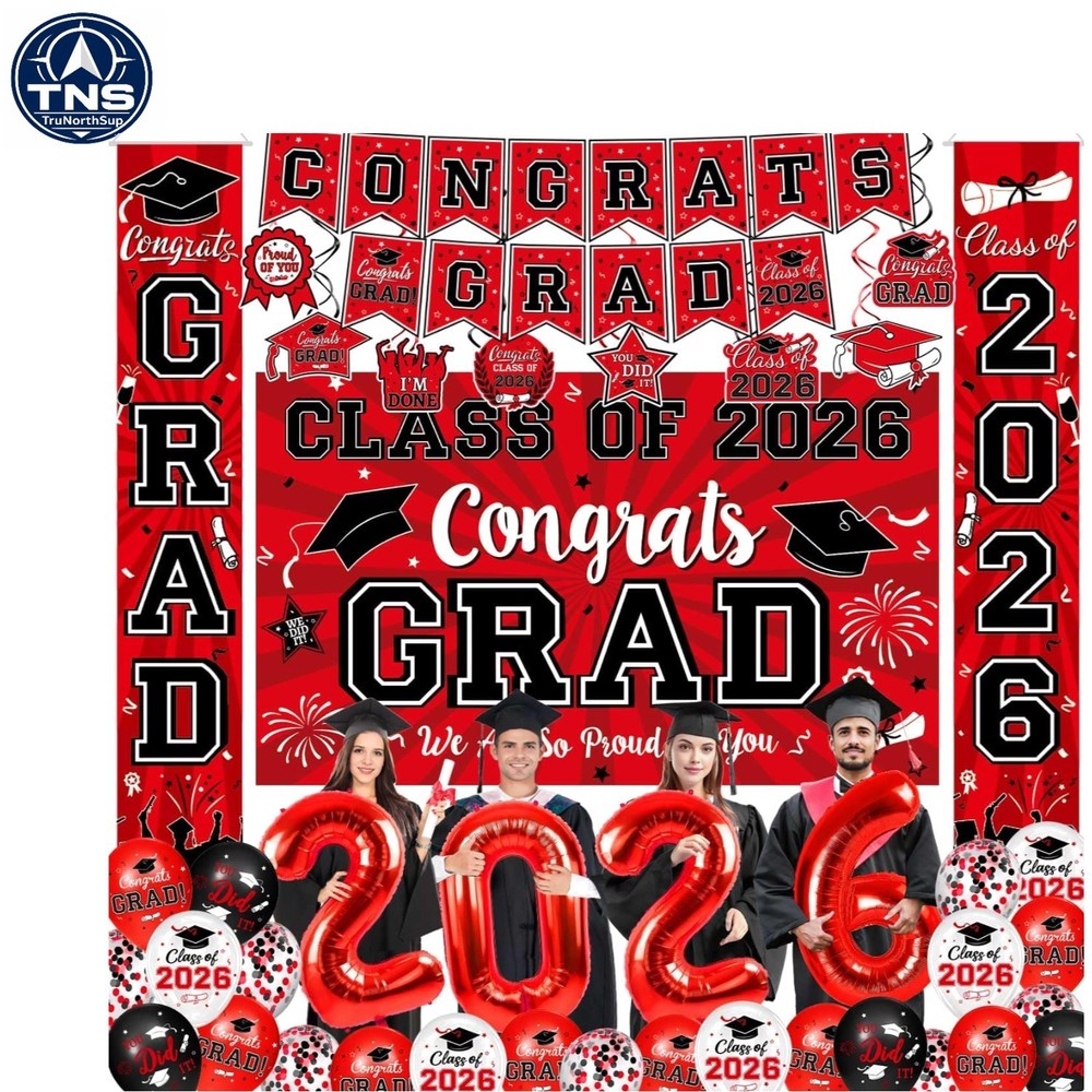 Graduation Decorations Class of 2026 Red Party Supplies Banner Balloons Swirl…