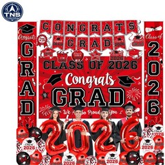 Graduation Decorations Class of 2026 Red Party Supplies Banner Balloons Swirl…