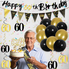 27Pcs 60Th Birthday Decorations for Men, Black Gold 60Th Party Decorations, Happ