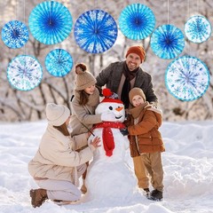 9PCS Winter Snowflake Paper Fans Blue White Hanging Decorations Xmas Party