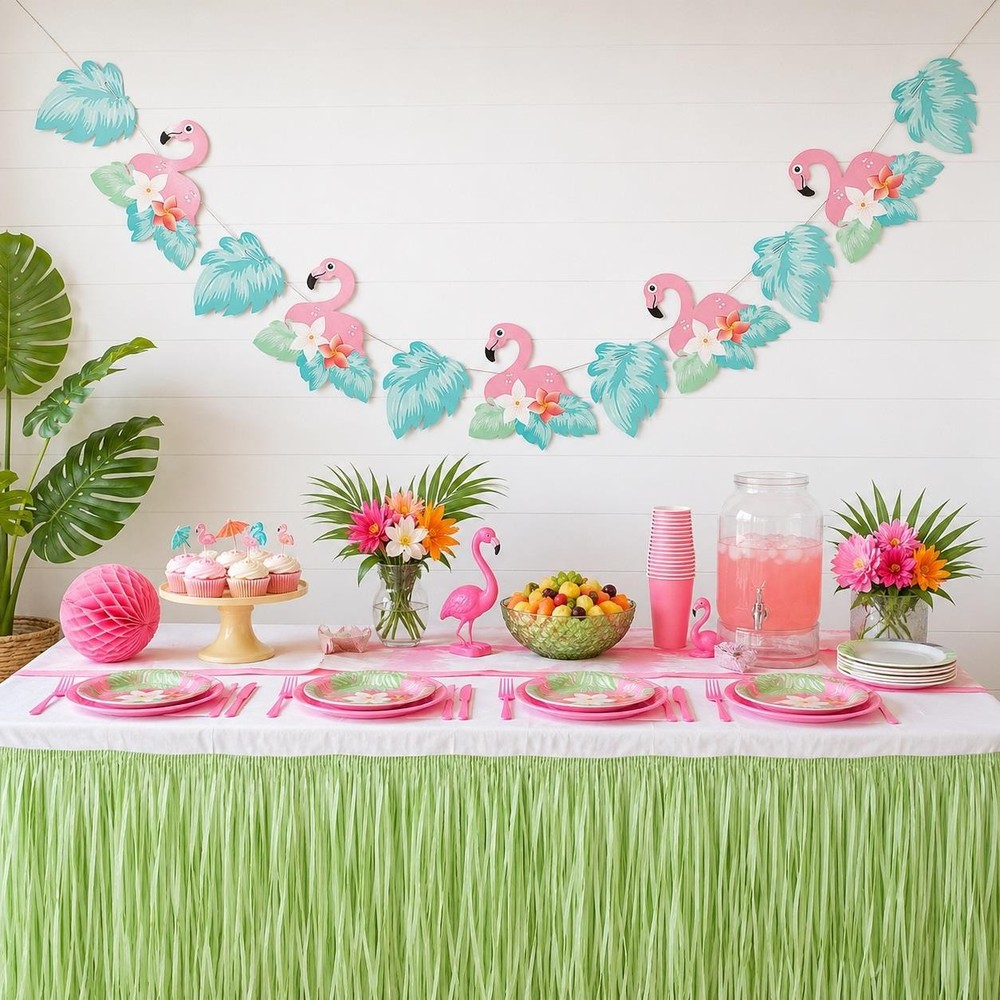 Tropical Pink Flamingos Flowers & Blue Leaves Cardstock String Garland 7-Ft #282