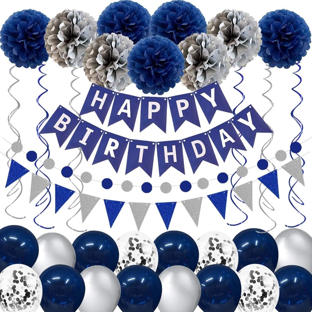 Navy Blue & Silver Happy Birthday Party Balloon kit for men, women, boys & girls
