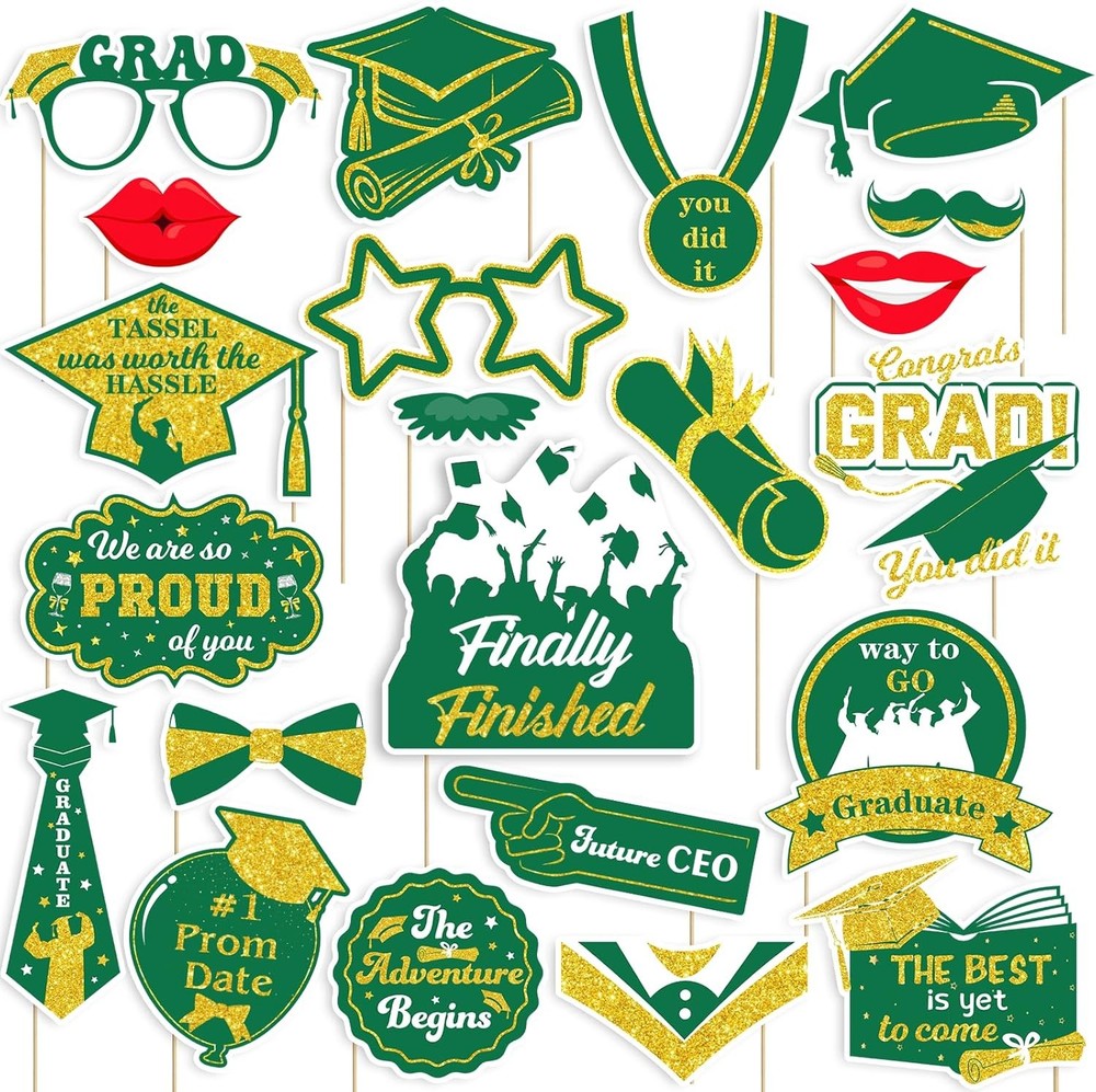 2025 Graduation Photo Booth Props, Green Gold