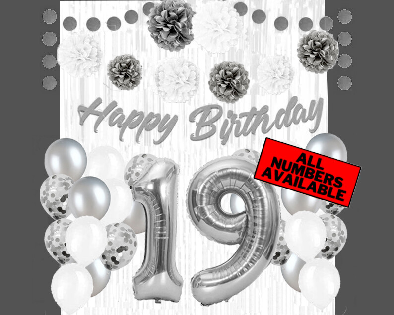 Silver & White 19th Birthday Decorations – 40″ Number Balloons &More-Boy or Girl