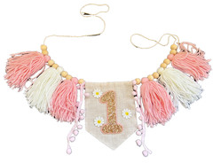 Glittery «1» Birthday Banner With Pink & White Yarn Tassels And Daisies