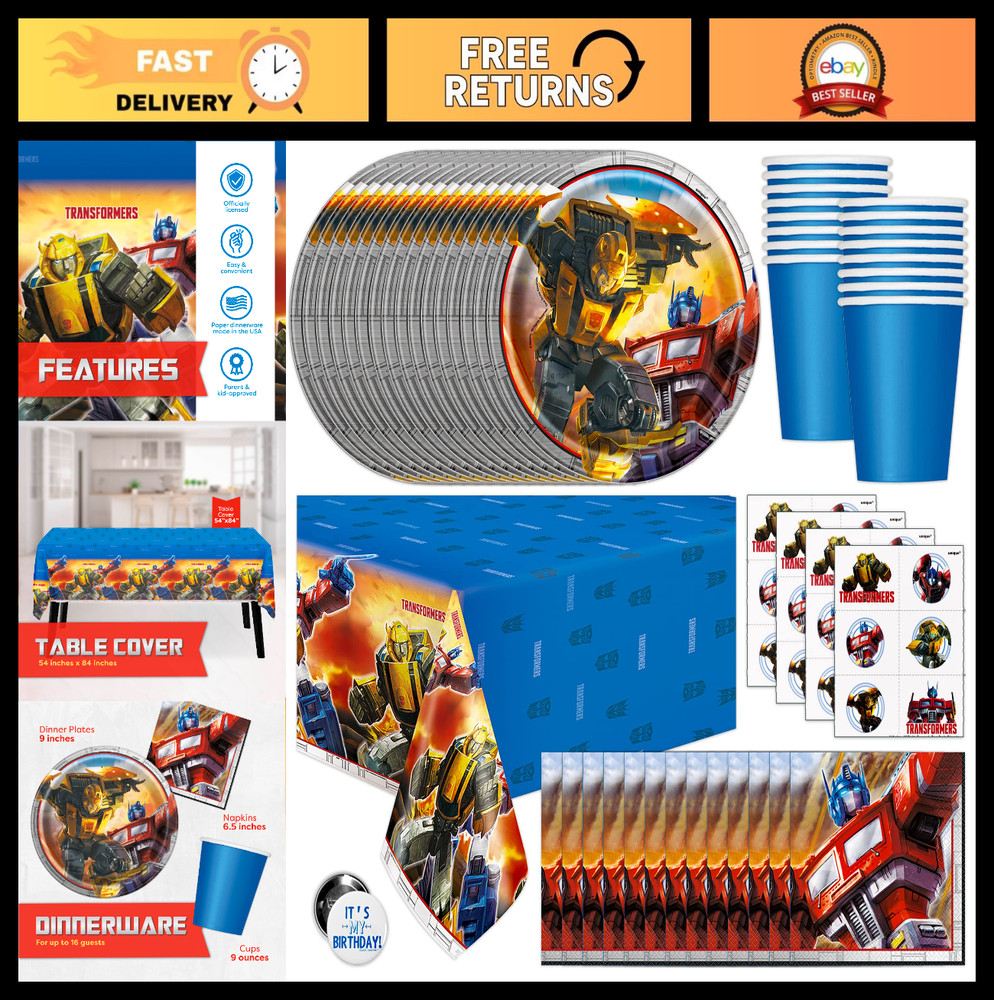 Transformers Birthday Party Supplies Set for 16 | Tablecover, Plates, Cups, Napk