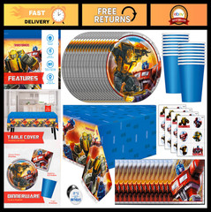 Transformers Birthday Party Supplies Set for 16 | Tablecover, Plates, Cups, Napk