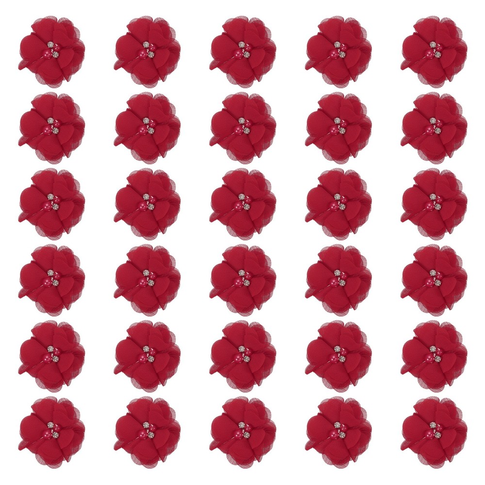 30Pcs 2″ Chiffon Flowers with Rhinestone Pearl Sewing Fabric Flowers, Red