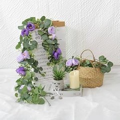 2 Pack 13Ft Artificial Eucalyptus Flower Garland with Purple Roses, Fake Rose