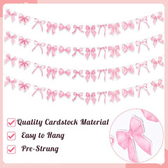 Watercolor Pink Bow Banner Garland- 4Pcs Vintage Pink Bow Hanging Banner Aesthet