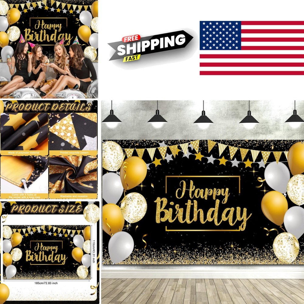 Versatile Birthday Backdrop 72.8 x 43.3 Inch Black Gold for Memorable Parties