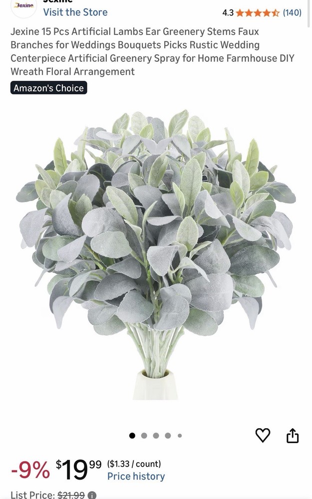 Jexine 15 Pcs Artificial Lambs Ear Greenery Stems Faux Branches for Green