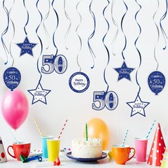 Happy 50th Birthday Blue Silver Glitter Swirls Streamers Party Decorations 15pc
