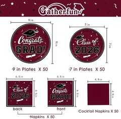 2026 Graduation Party Supplies – Maroon Disposable Plates & Napkins Set for 50