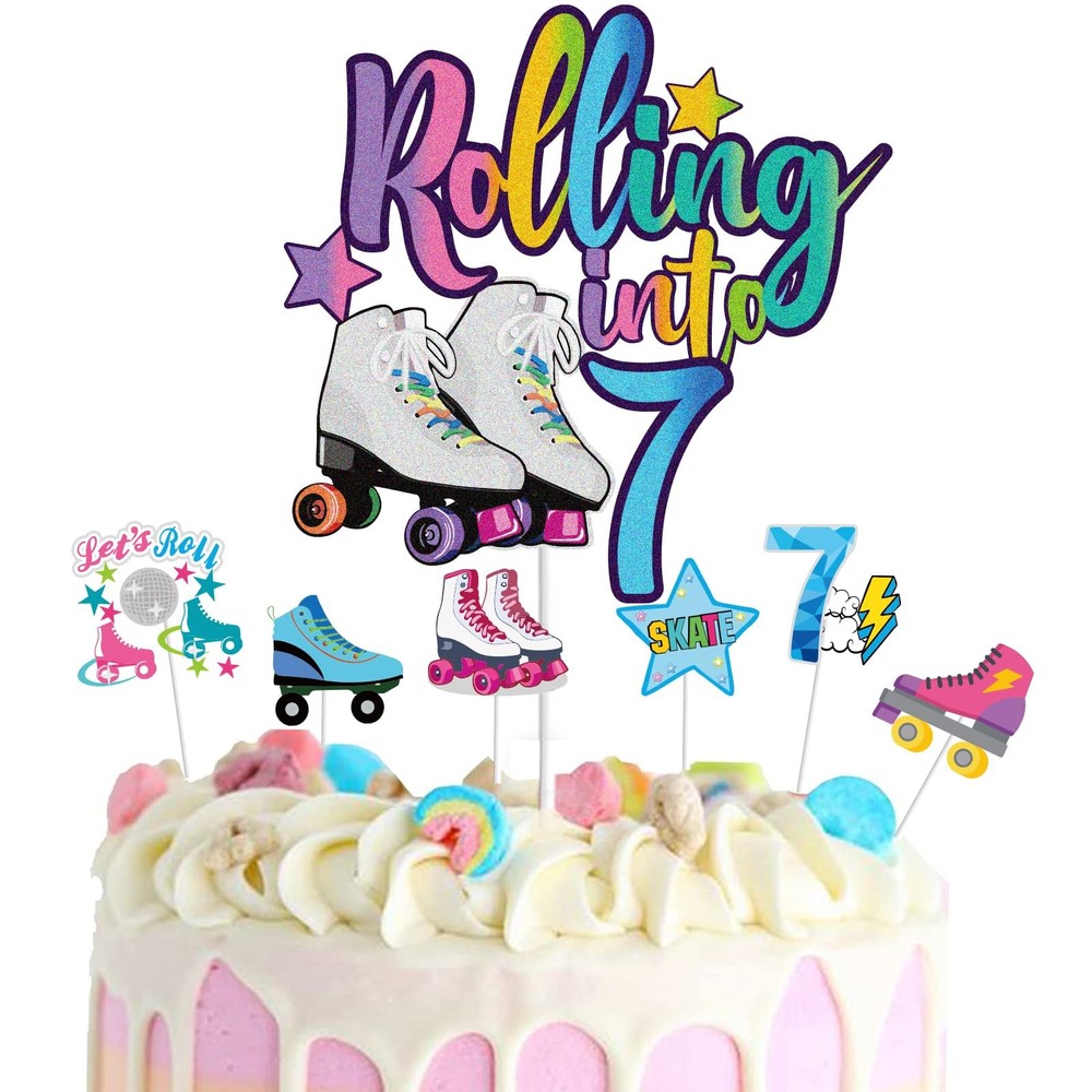7Pcs Rolling into 7 Cake Toppers Set, Roller Skate, 7th Birthday, Retro, Girl