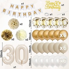 30th Birthday Decorations for Her, Beige Gold White Thirty Birthday Balloons …