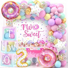 2nd Birthday Party Decorations – ‘TWO’ Boxes, Donut Balloon Arch, Tablecloth, Cr