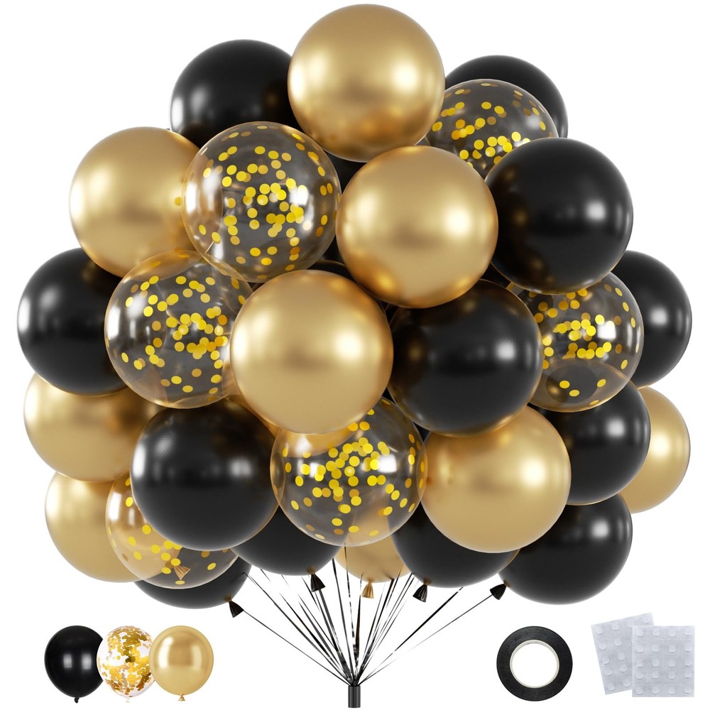 60pcs Black and Gold Confetti Balloons, 12 Inch Metallic Gold & Black Latex P…
