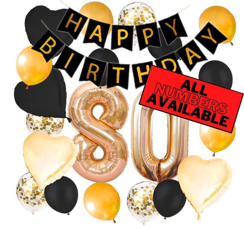80th Birthday Decorations – Gold and Black Theme – Balloons, Banner – Him or Her
