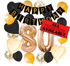 80th Birthday Decorations – Gold and Black Theme – Balloons, Banner – Him or Her